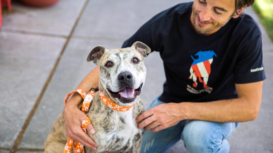 Person wearing a dog T-shirt with arm around a smiling pit-bull-type dog
