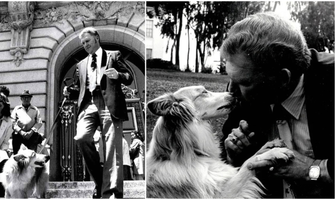 Two older black and white photos of Rich Avanzino with Sido, a sheltie mix