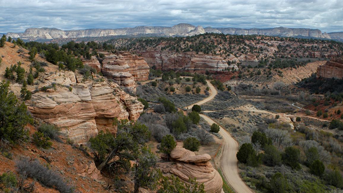 Angel Canyon landscape of red cliffs with a road running through it