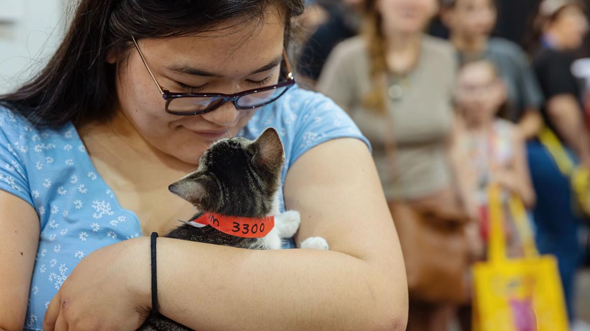 Smiling person cradling a tabby kitten in her arms