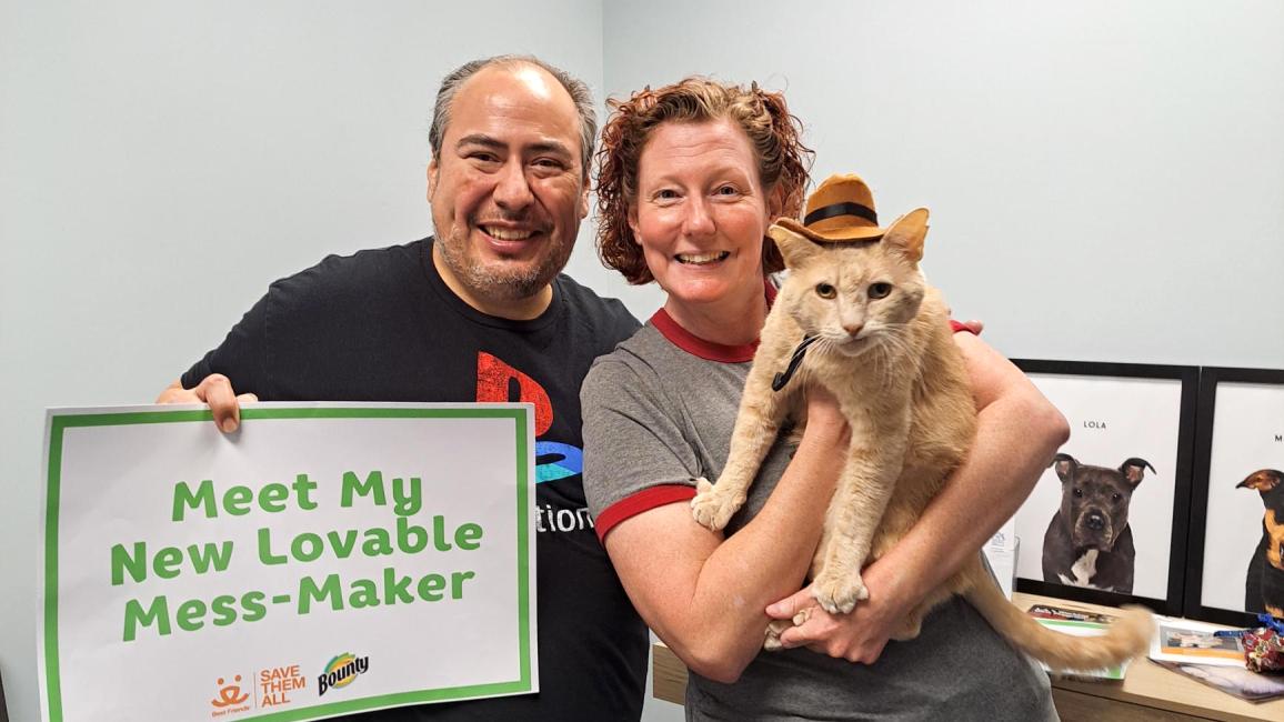 Nancy Stewart and Juve Vique adopting Banjo the cat, who is wearing his hat