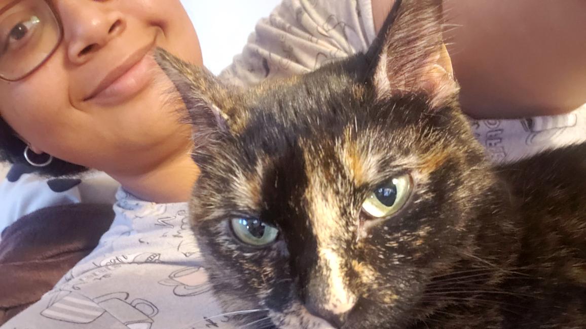 Peanut Butter the tortoiseshell cat with Jasmine behind her