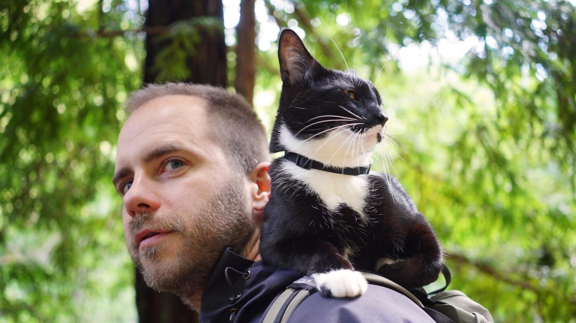 Bay area software engineer Jeff Judkins hikes with his cat Zulu at Cataract Falls in Northern California