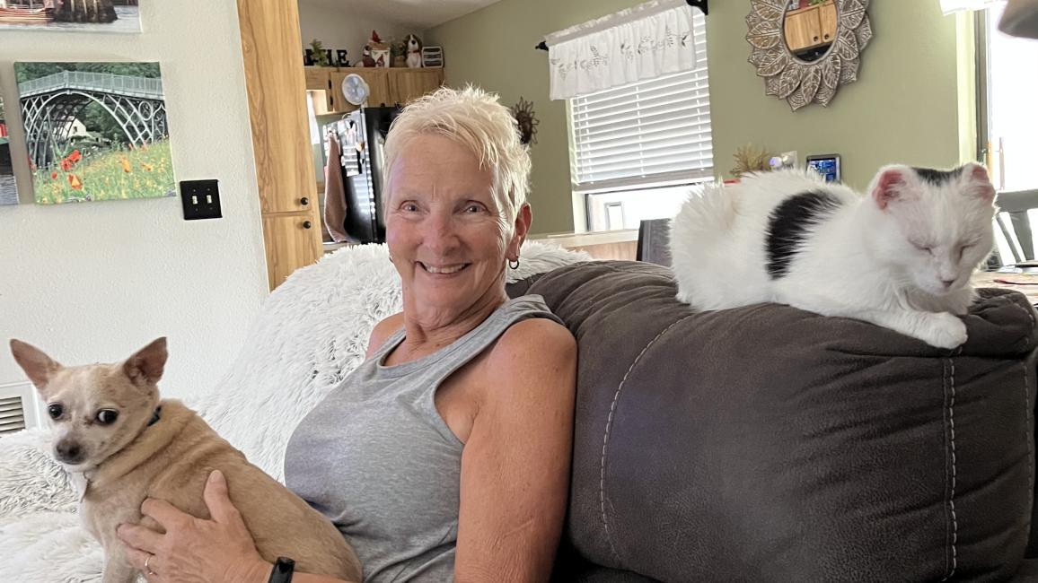 Frankie the cat on the back of the couch next to Judy Reynolds and a small dog