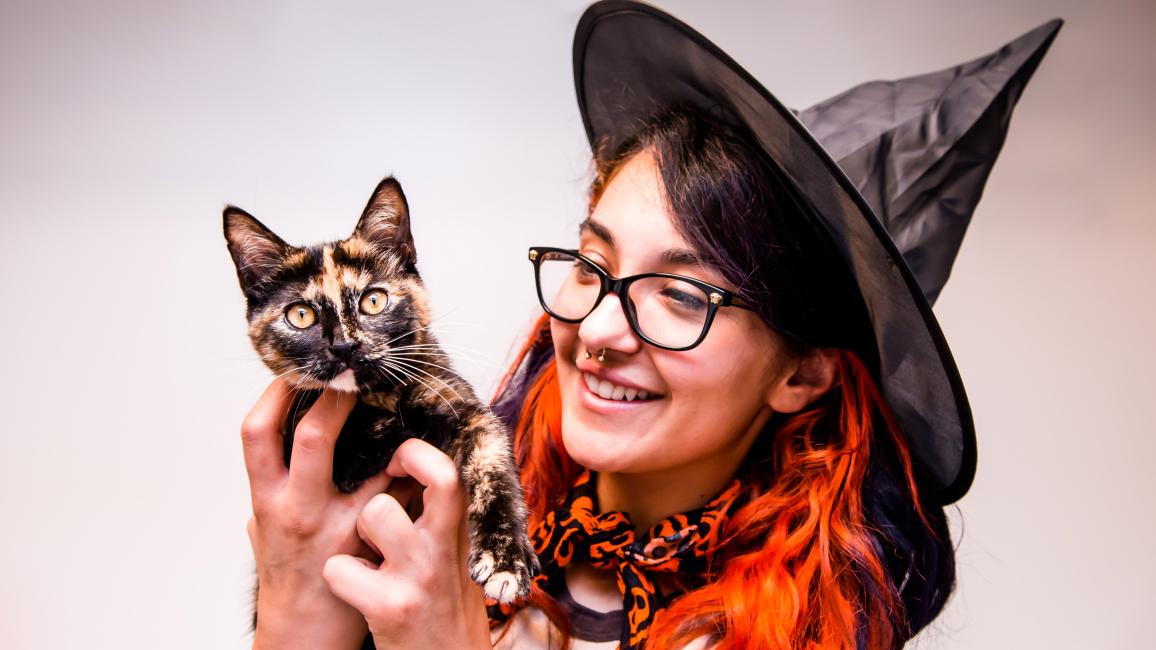 Person dressed as a witch holding a tortoiseshell cat