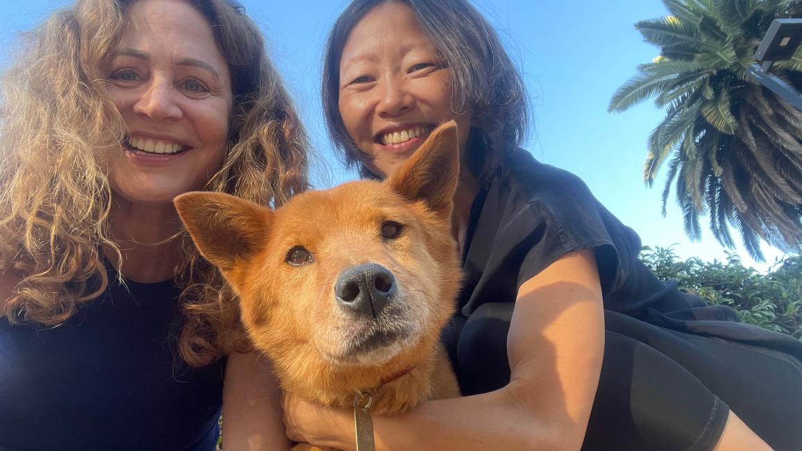 Hanjae the dog with Caroline Moss and Jeanhee Yu