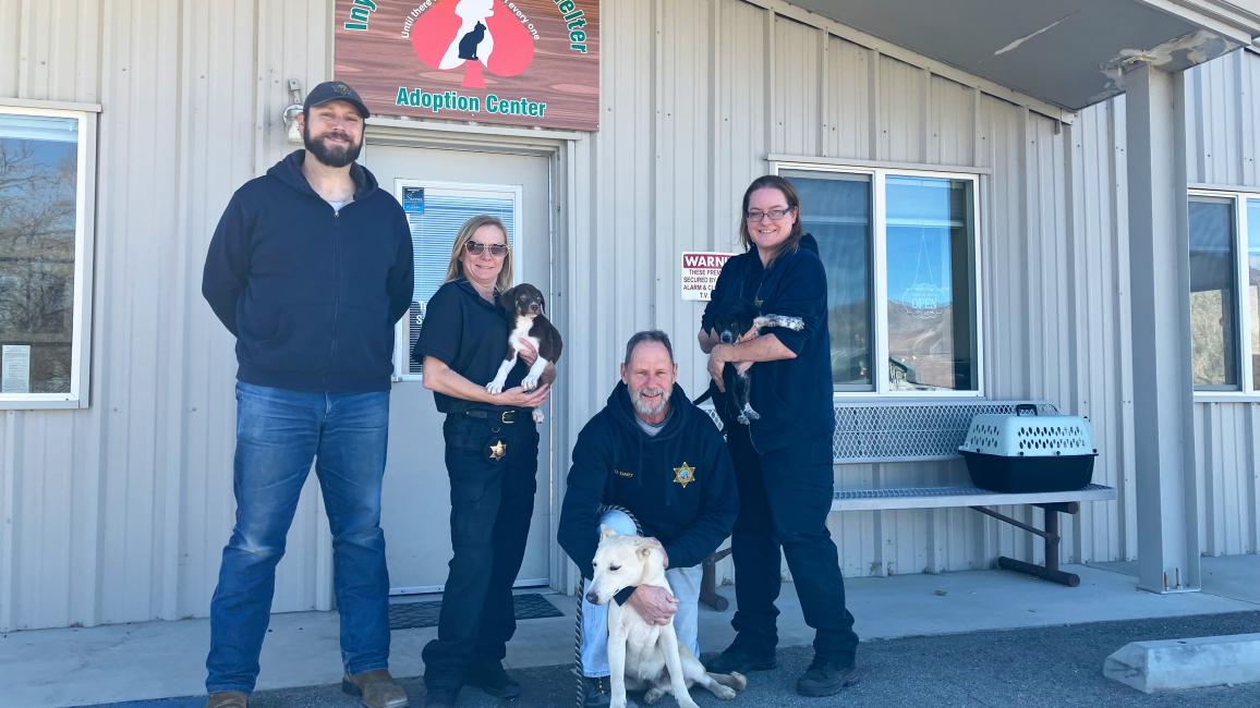 Staff from the Inyo County Animal Shelter outside with a couple dogs