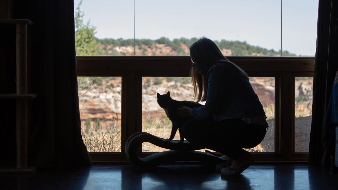 Silhouette of Best Friends CEO Julie Castle squatting down to pet a cat with Angel Canyon in the background through a window