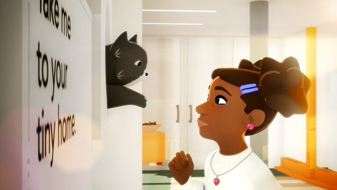 Screen shot of animation of a child wanting to adopt a cat