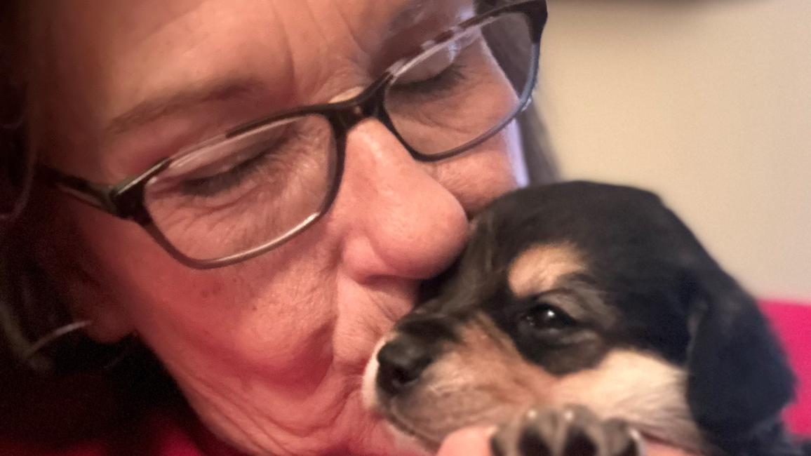 Lorie Comer holding and kissing a puppy