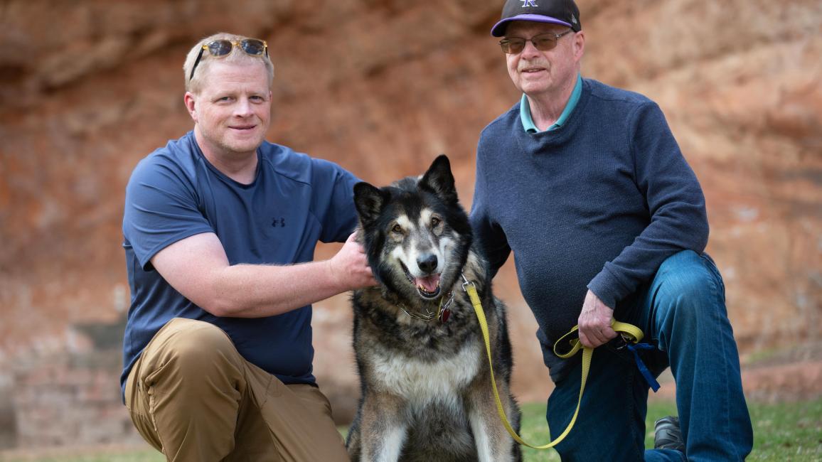 Shadow the dog with Ryan and another person at Angel Canyon