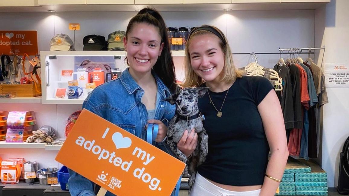 Sonny being held by Lilana and Lilyblue with a sign that says, "I heart my adopted dog"