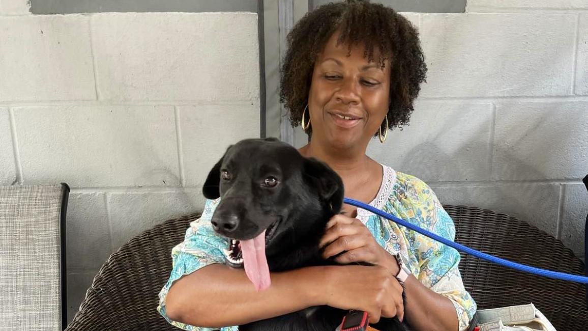 Mojo the dog in the lap of one of his adopters