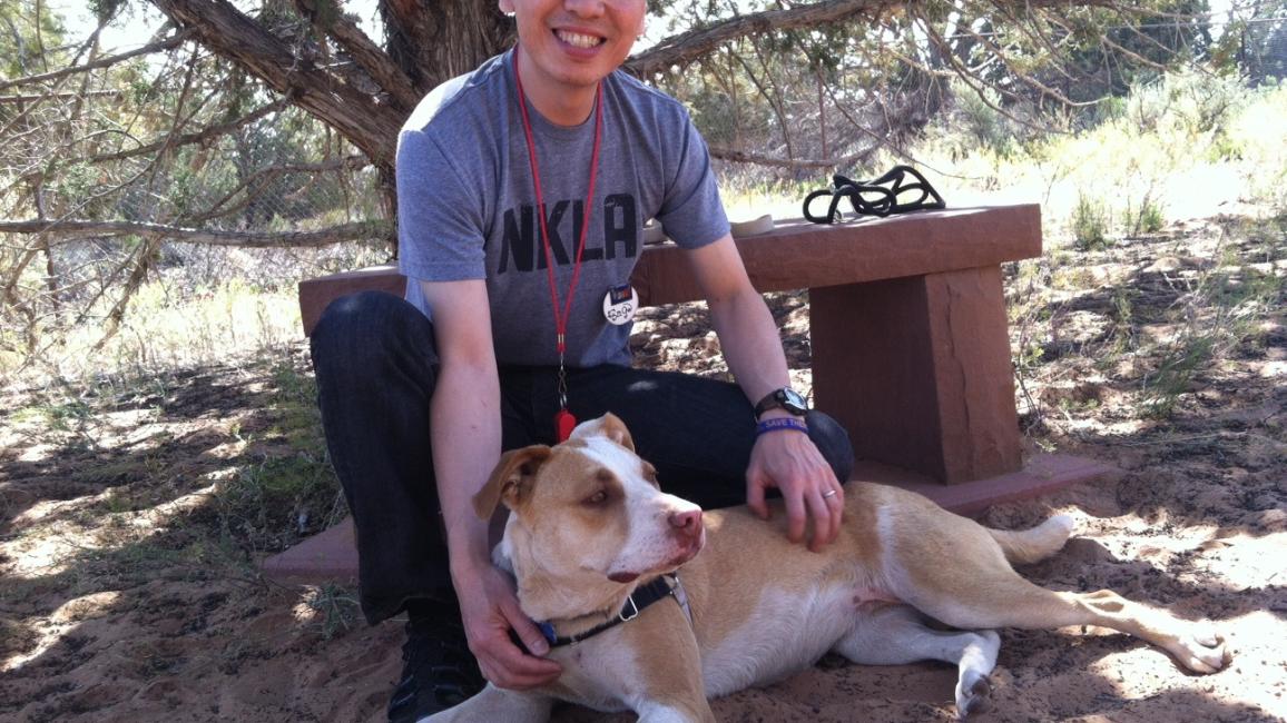 Volunteer dog groomer Sage with a dog