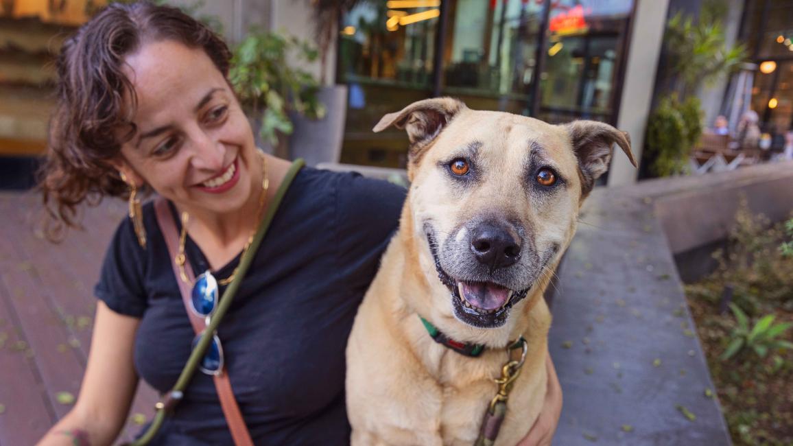 Smiling person sitting next to a happy dog