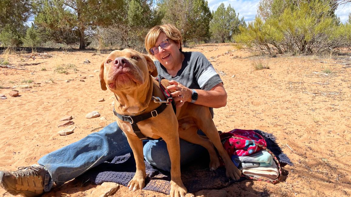 Susan Fishbein sitting outside in the sand with a large brown dog