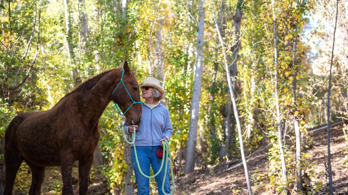 Volunteer Karin Hamilton walking Curly Sue the horse in some woods