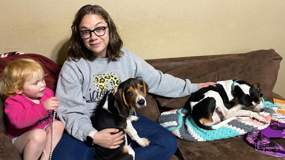 Family sitting on couch with two beagles