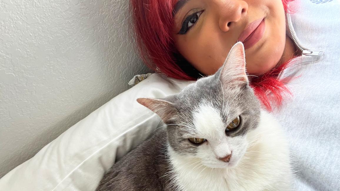 Selfie of Sir Karen the cat (looking a little grumpy) with Taylor Seupaul