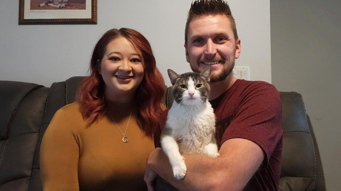 Prancer the cat with her new family on a couch