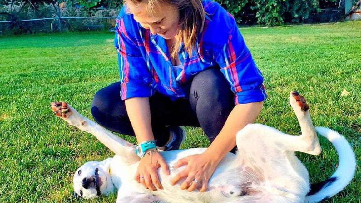 Woman giving a dog a belly rub