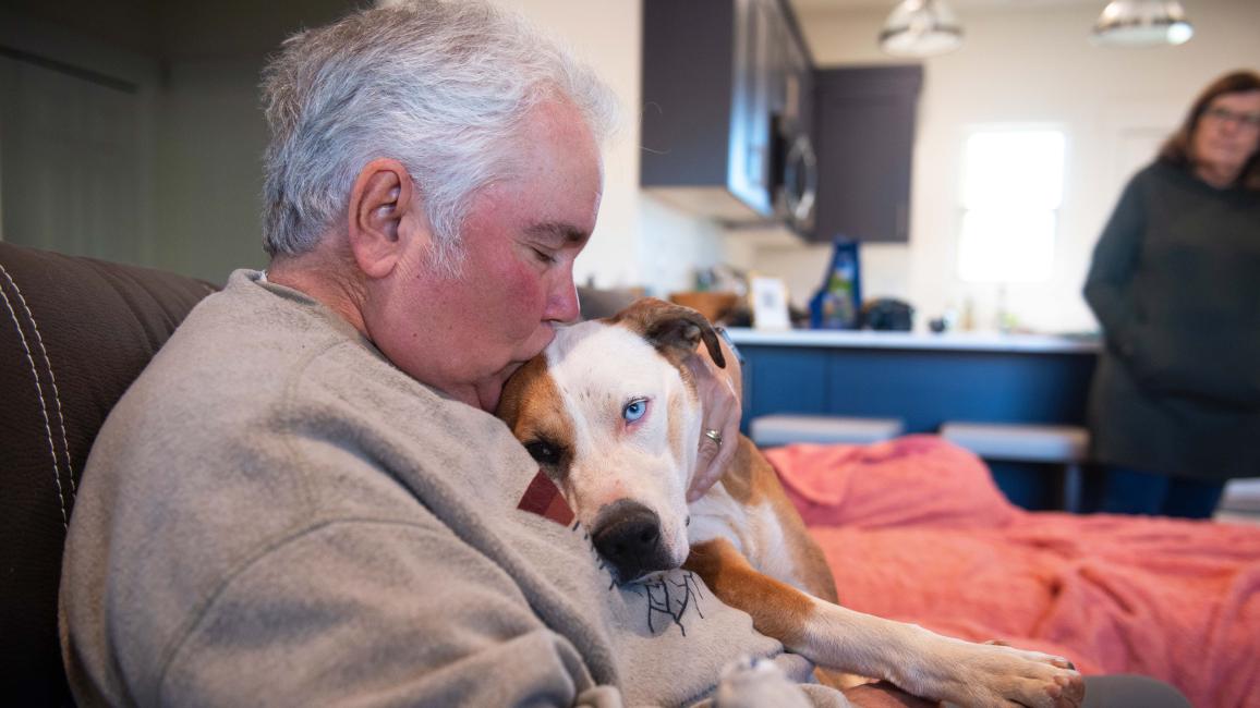 Person snuggling and kissing the top of the head of a dog lying on his hap