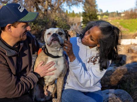 Otis the dog with the couple who adopted him