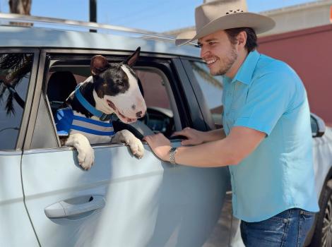 Chico the dog in Steven Szydio's vehicle looking out the window for Adventure Buddy Day
