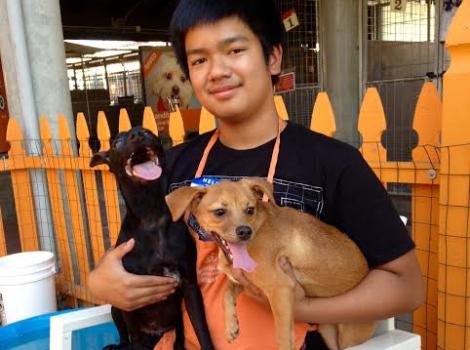 Volunteer Austin Delos Santos holding two small dogs