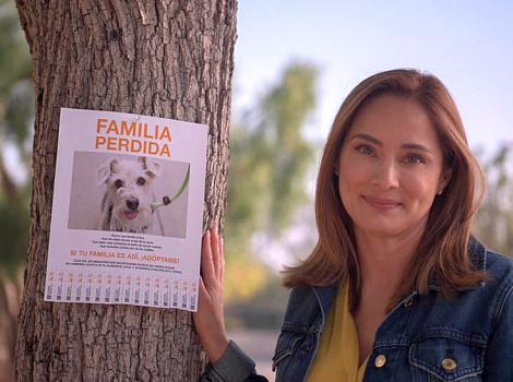 Woman next to a missing family sign (in Spanish) on a tree