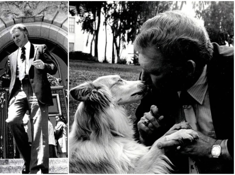 Two older black and white photos of Rich Avanzino with Sido, a sheltie mix