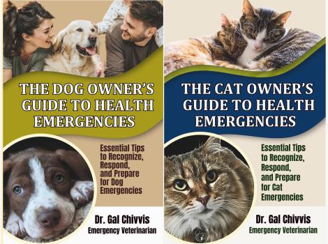 Covers of the books for dog and cat owner's guides to health emergencies