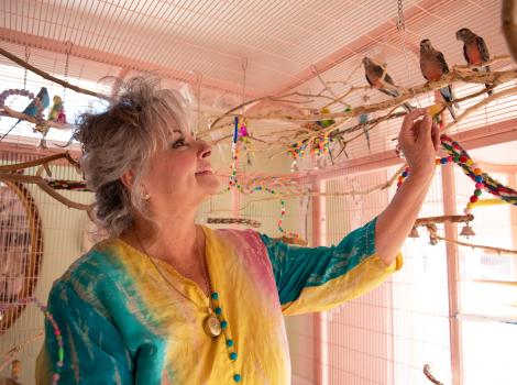 Debi Ford in her home with adopted budgies