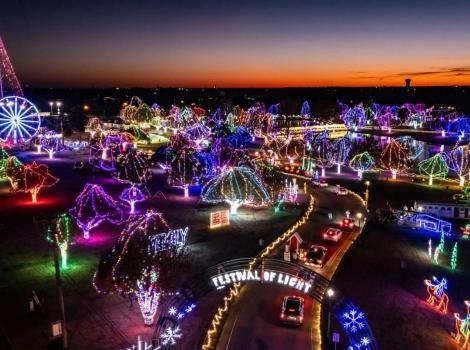 Christmas lights in Chickasha, Oklahoma during sunset