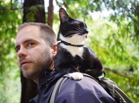 Bay area software engineer Jeff Judkins hikes with his cat Zulu at Cataract Falls in Northern California