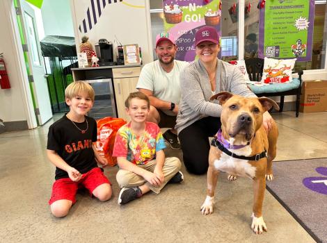 Potato the blocky-headed pooch with his new family