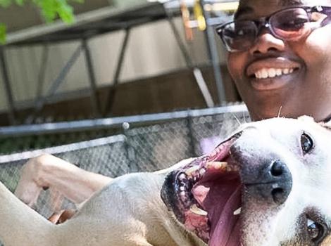 Smiling person holding a happy looking pit-bull-type dog