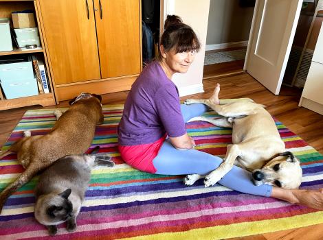 Nancy sitting with Yogi and Tank the dogs and Pong the cat on a multi-colored blanket