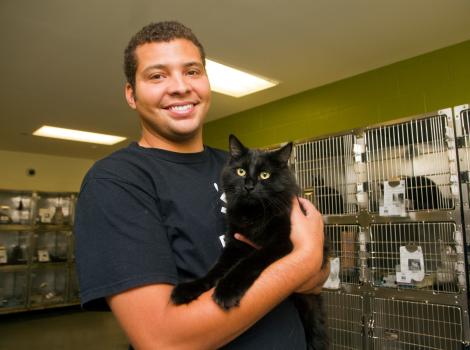 Lawrence Nicolas holding a cat in front of kennels