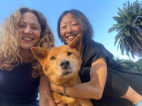Hanjae the dog with Caroline Moss and Jeanhee Yu