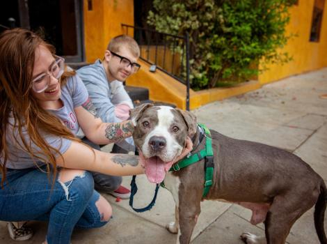 Two people outside an apartment with a large dog who is smiling with her tongue out