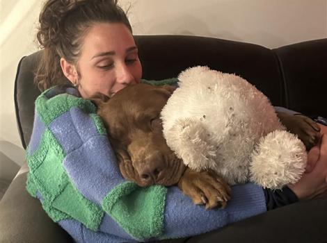Erin Yarbrough with Sonny the dog snuggled in her arms next to a stuffed toy