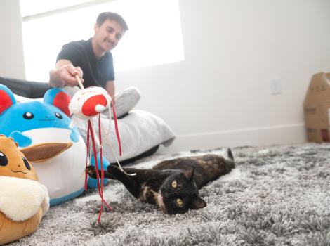 Isaac playing with a wand toy with Emmalee the cat