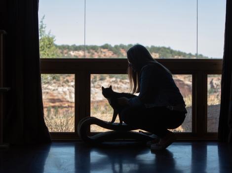 Silhouette of Best Friends CEO Julie Castle squatting down to pet a cat with Angel Canyon in the background through a window