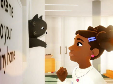 Screen shot of animation of a child wanting to adopt a cat