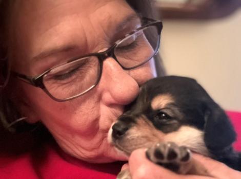 Lorie Comer holding and kissing a puppy