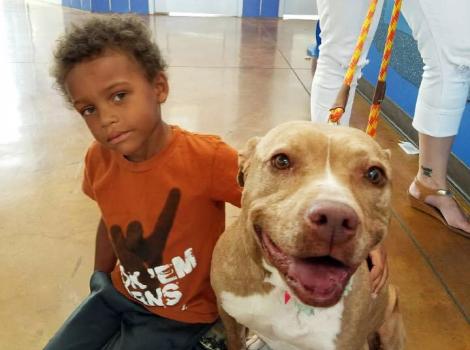 Happy dog on a leash next to a child in a shelter environment