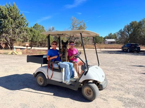 Marge the dog with two people in a golf cart