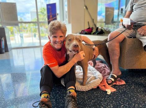 Person sitting on the ground hugging a dog at Miami-Dade Animal Services 