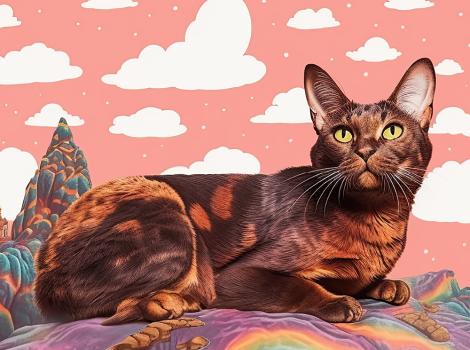 AI-generated artwork of a tortoiseshell cat on a rainbow hill with white clouds in a pink sky background